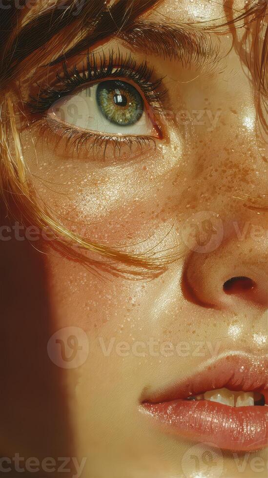 Close-up view of a woman's face highlighting her radiant skin, green eyes, and natural freckles during golden hour lighting photo