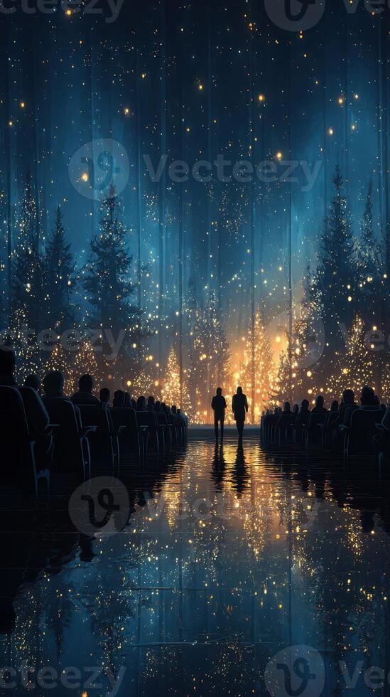 Illuminated gathering under starry night sky with trees and reflections during a winter celebration event photo