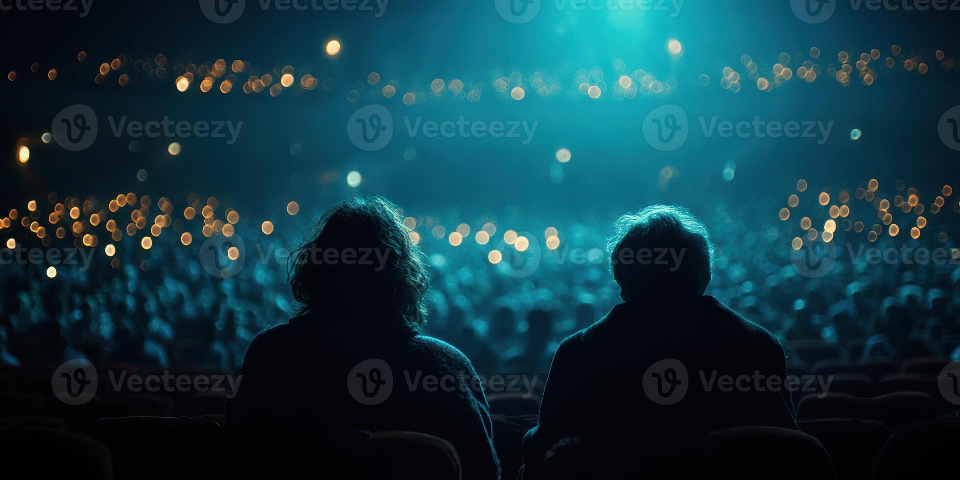 Audience enjoying a captivating performance in a dimly lit theater at night photo