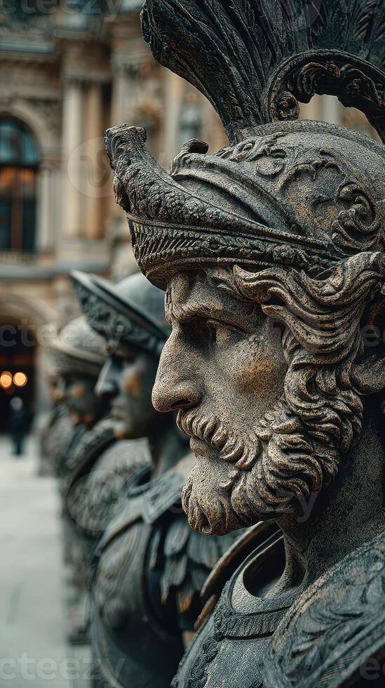 Intricate sculptures of ancient warriors line the courtyard, showcasing historical artistry at the early morning light photo