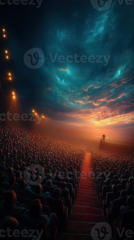 Audience captivated by a performer under a vibrant sunset sky in a theater setting photo
