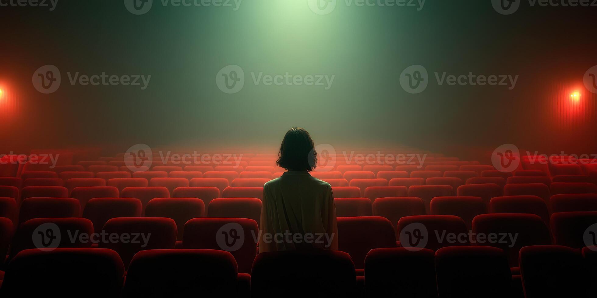 View of a person sitting alone in an empty theater with dim lighting and fog photo