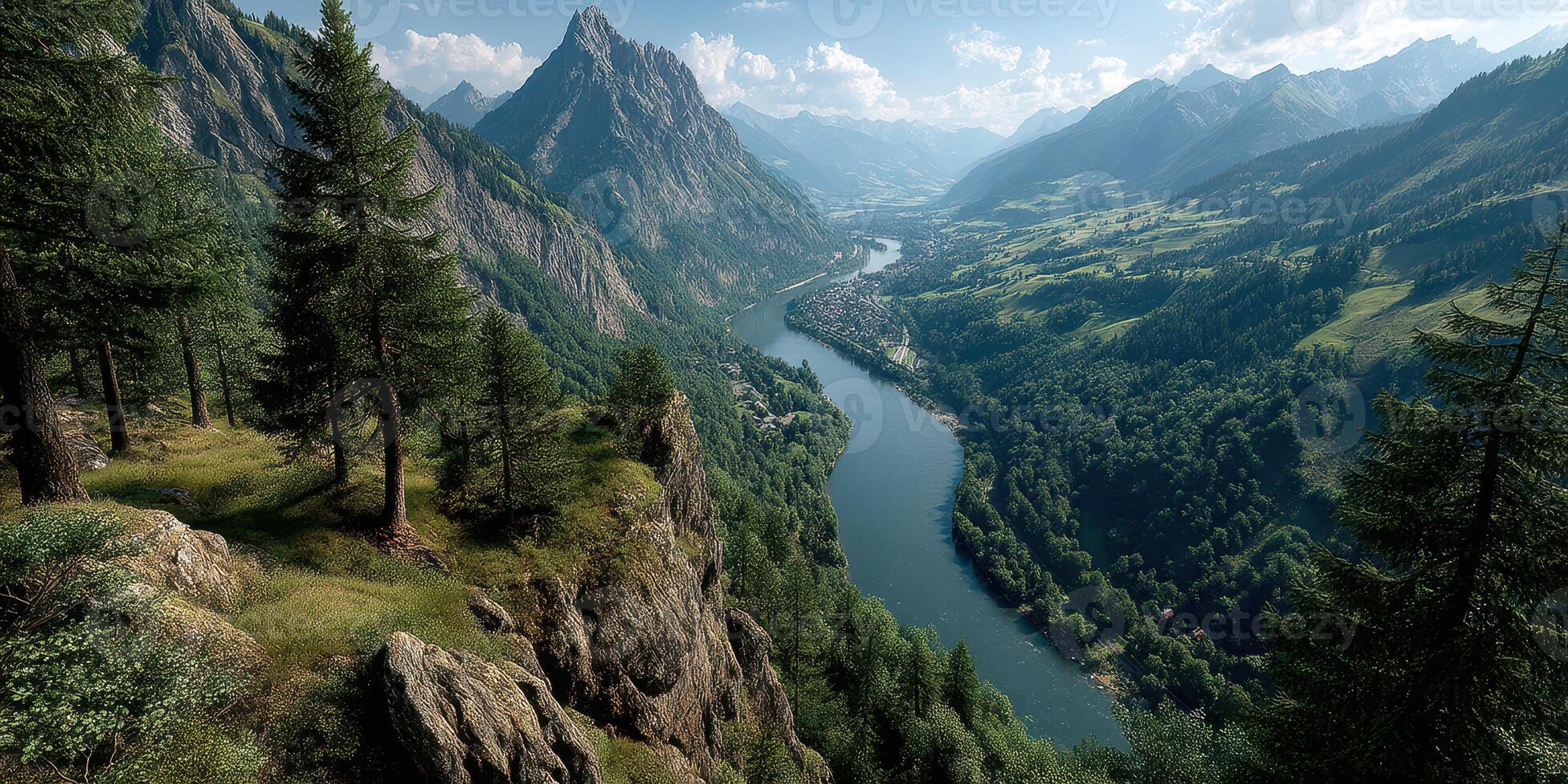 Scenic view of a winding river surrounded by lush mountains and dense trees under a clear blue sky photo