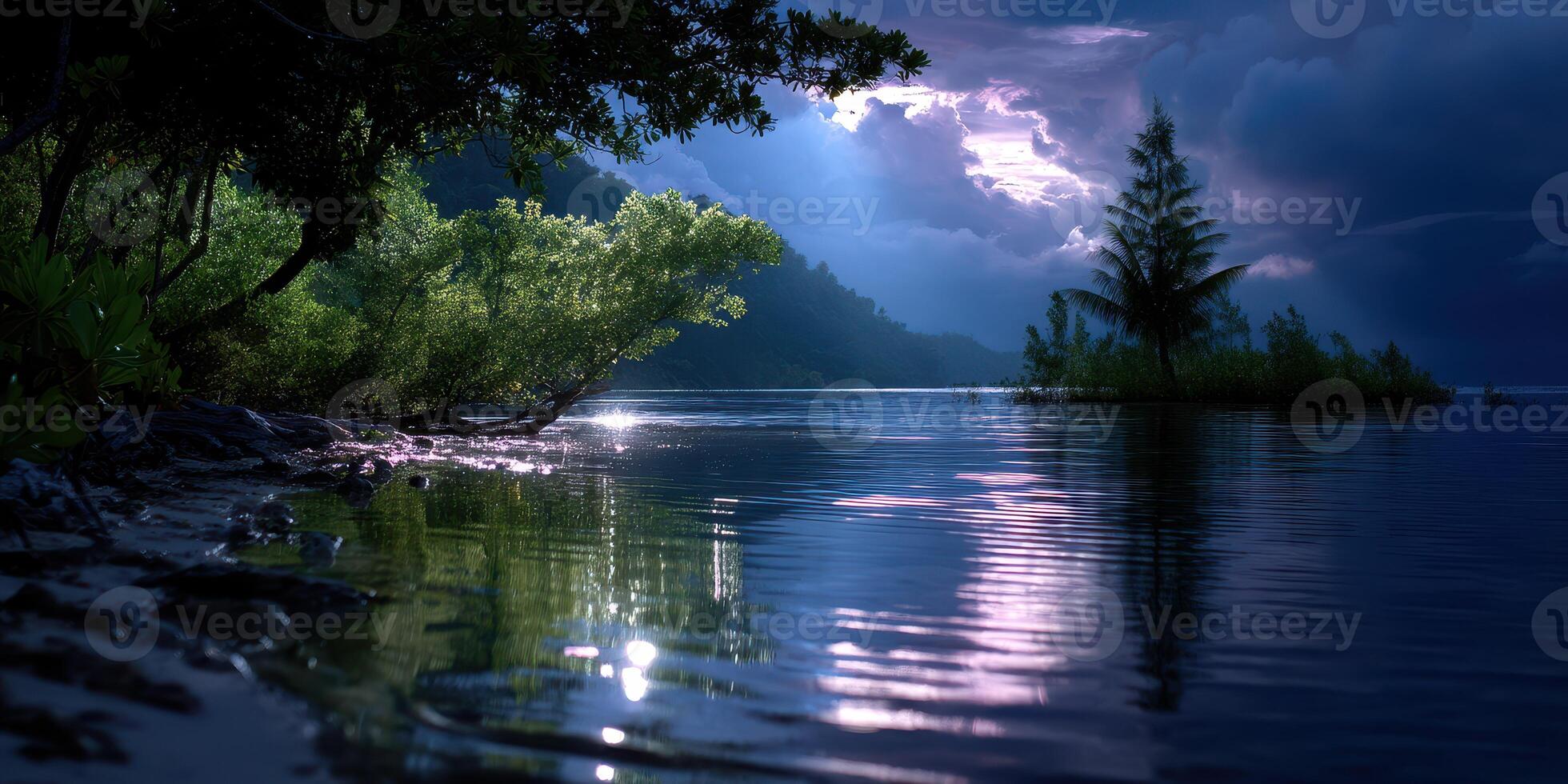 Serene twilight reflection on calm water surrounded by lush vegetation in a remote area photo
