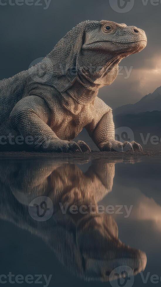 Large reptilian creature resting by a tranquil lake reflecting a dramatic sky during early evening hours photo