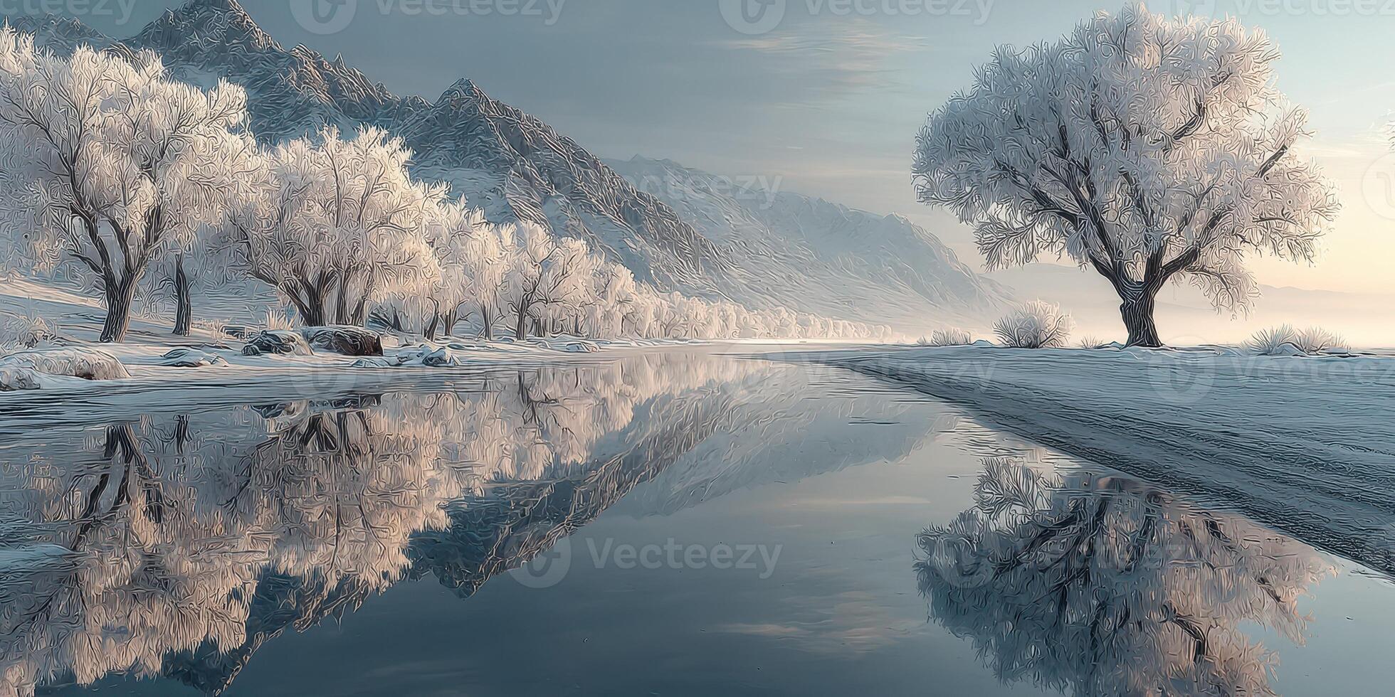 Winter landscape with frosted trees and mirrored reflections by a serene river at sunrise photo
