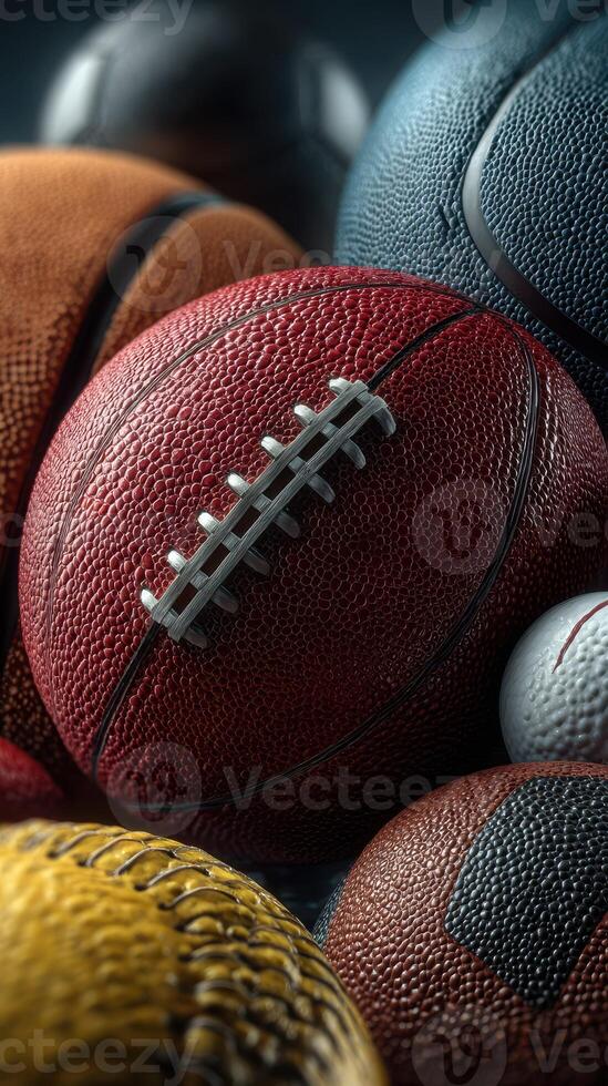 Collection of assorted sports balls including a red football, arranged artistically for a detailed close-up view photo