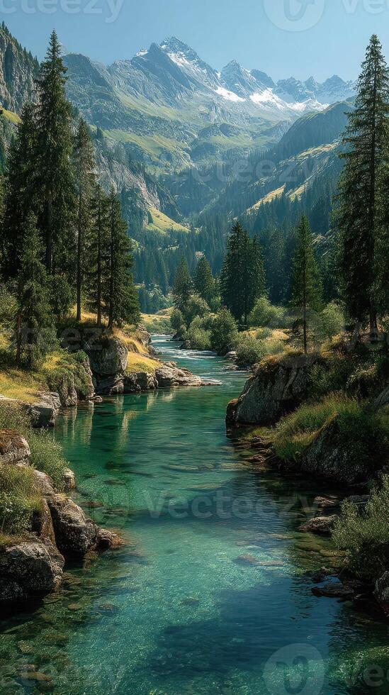 Serene mountain river flows through lush forest under clear blue skies in vibrant landscape photo