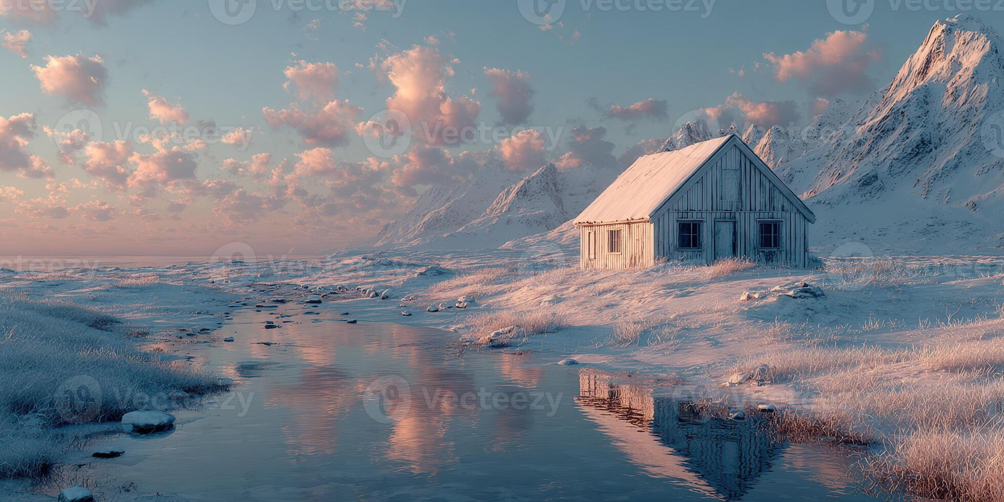 Snow-covered landscape with a solitary cabin and mountains during twilight in a serene environment photo
