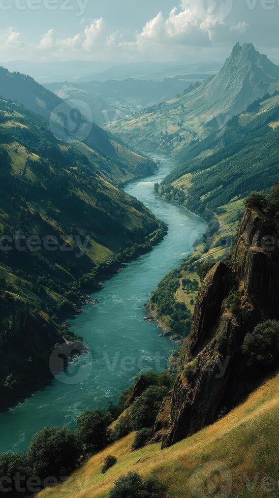 Majestic river winding through lush green mountains and valleys in a serene landscape during daytime photo