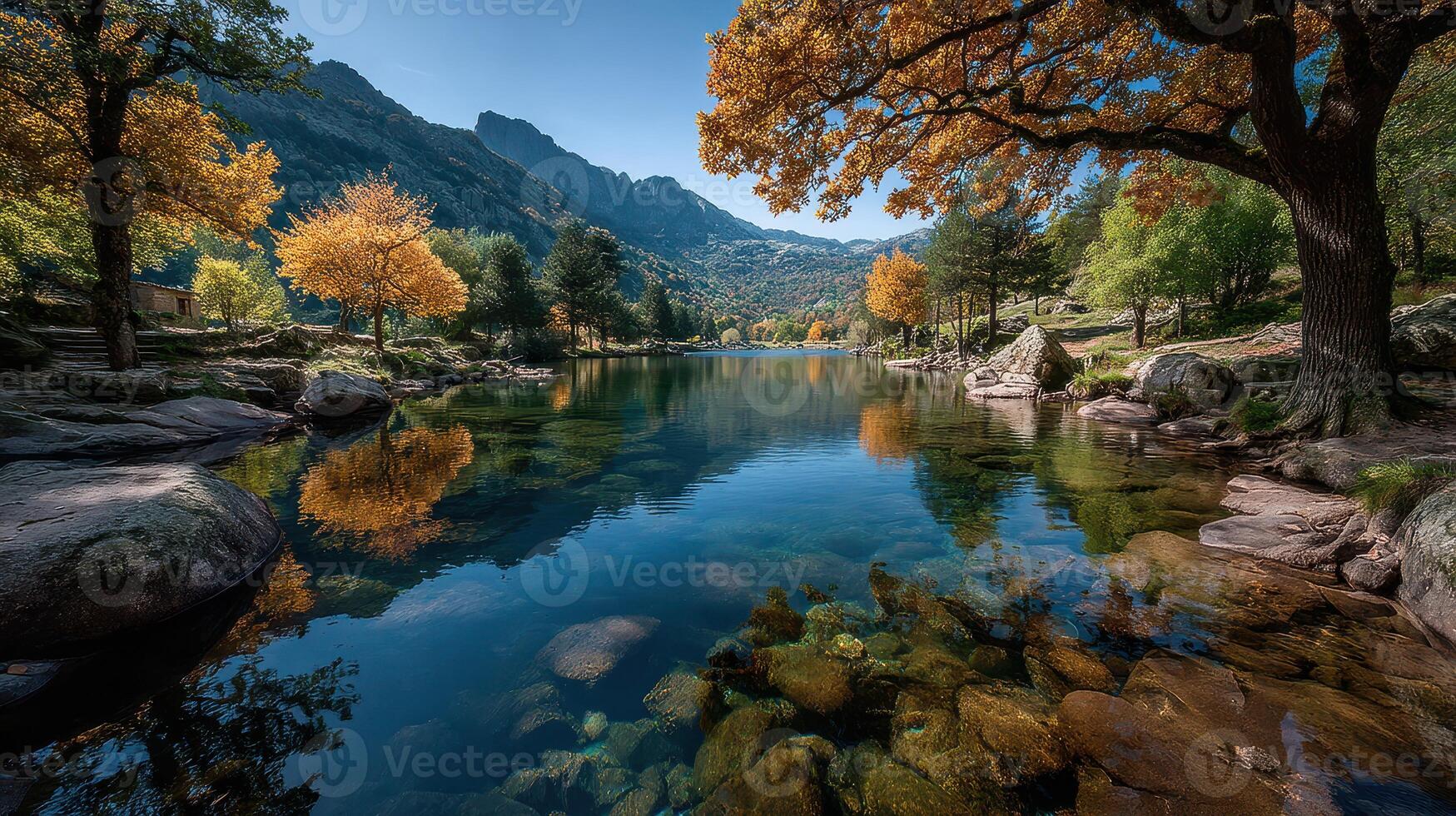 Autumn reflection on serene lake surrounded by mountains and colorful trees in clear blue sky photo