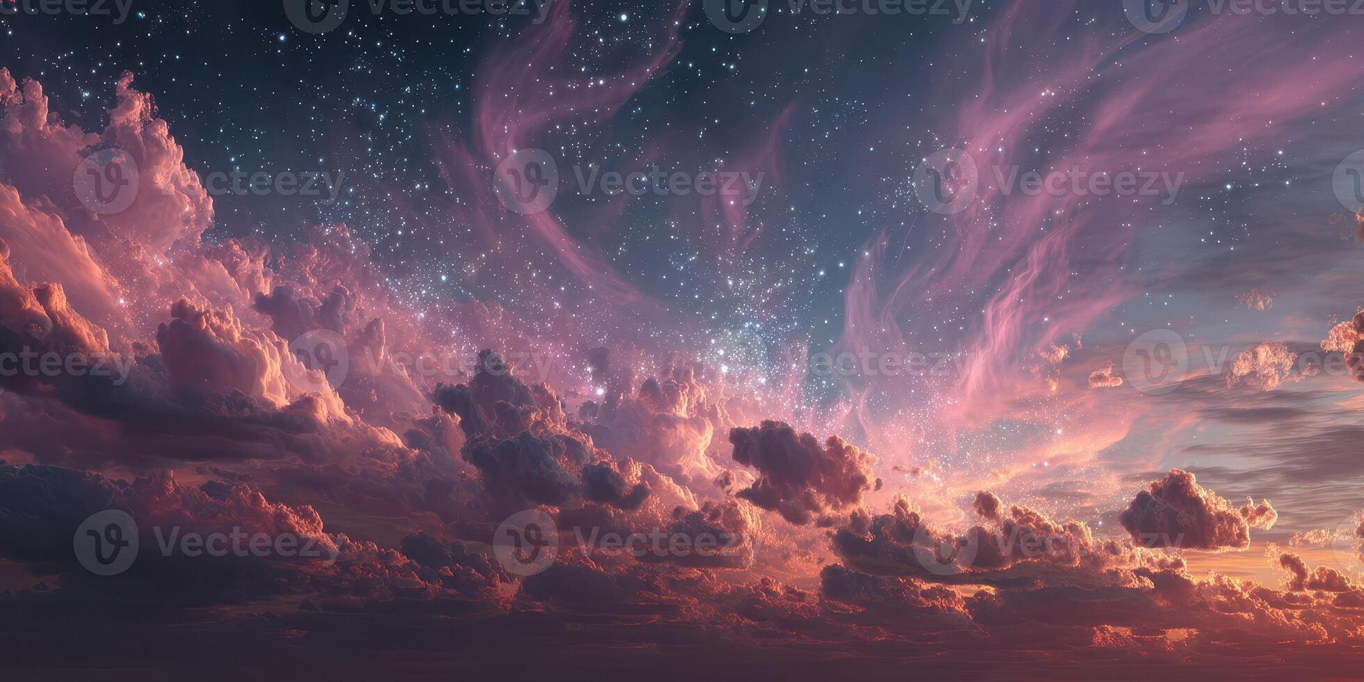 Vibrant sunset skies filled with clouds and sparkling stars above a serene landscape at dusk photo