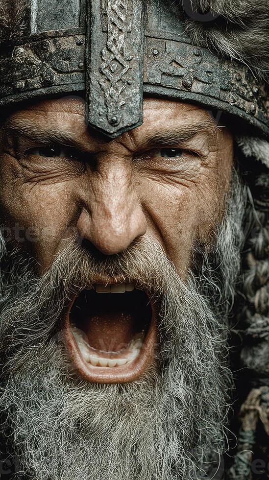 Fierce warrior shouting with a dramatic expression in a historical setting during a reenactment event photo