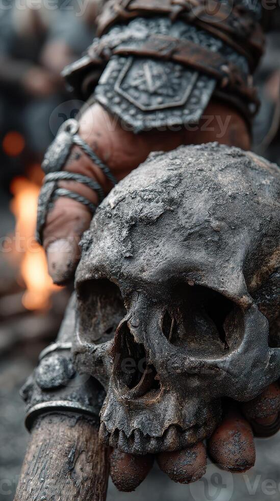 Warrior holds ancient skull in front of roaring fire during mysterious ritual at dusk photo