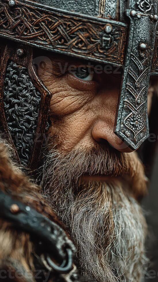 Warrior wearing an ornate helmet focuses intensely during a historical reenactment event in early morning light photo