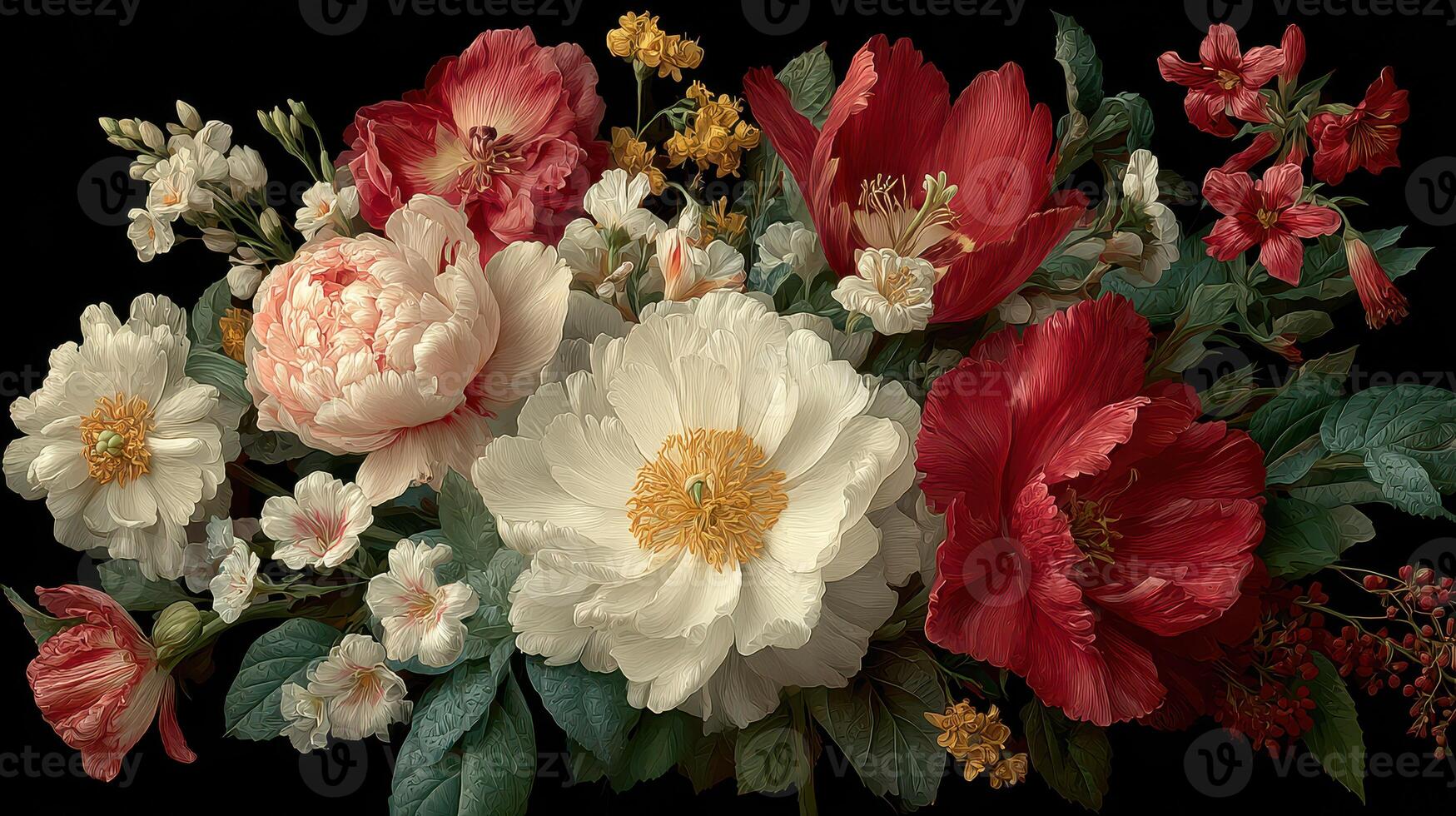 Vibrant bouquet of peonies and wildflowers arranged beautifully against a dark background photo