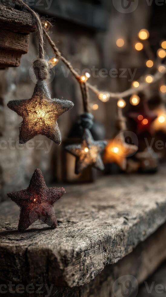 Decorative star lights create a warm ambiance on a rustic wooden shelf in a cozy setting during evening hours photo