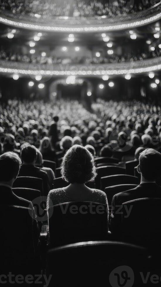 Crowd at a grand theatre during a live performance in the evening photo