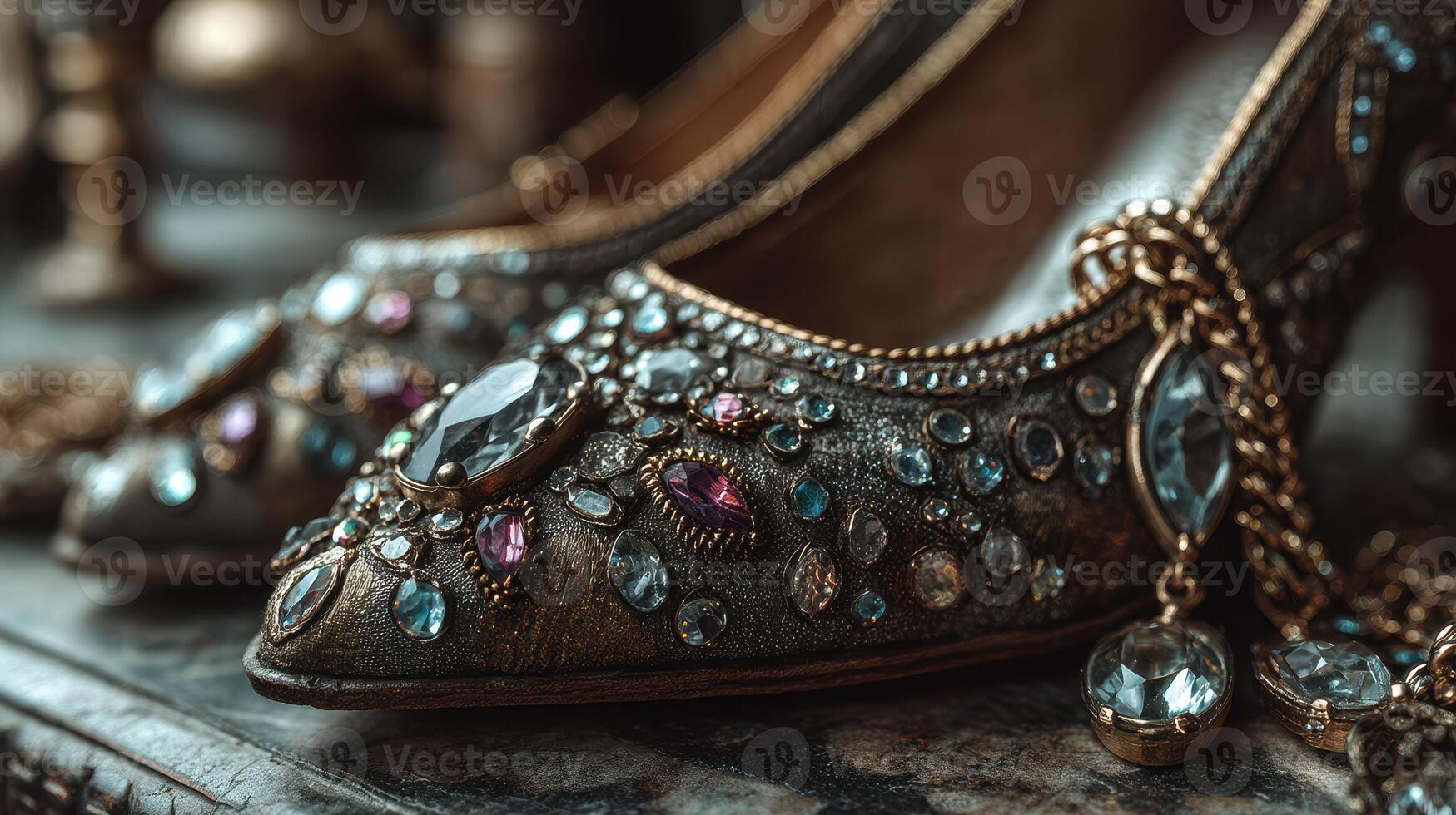 Exquisite embellished high-heeled shoes adorned with colorful gems on a vintage table photo