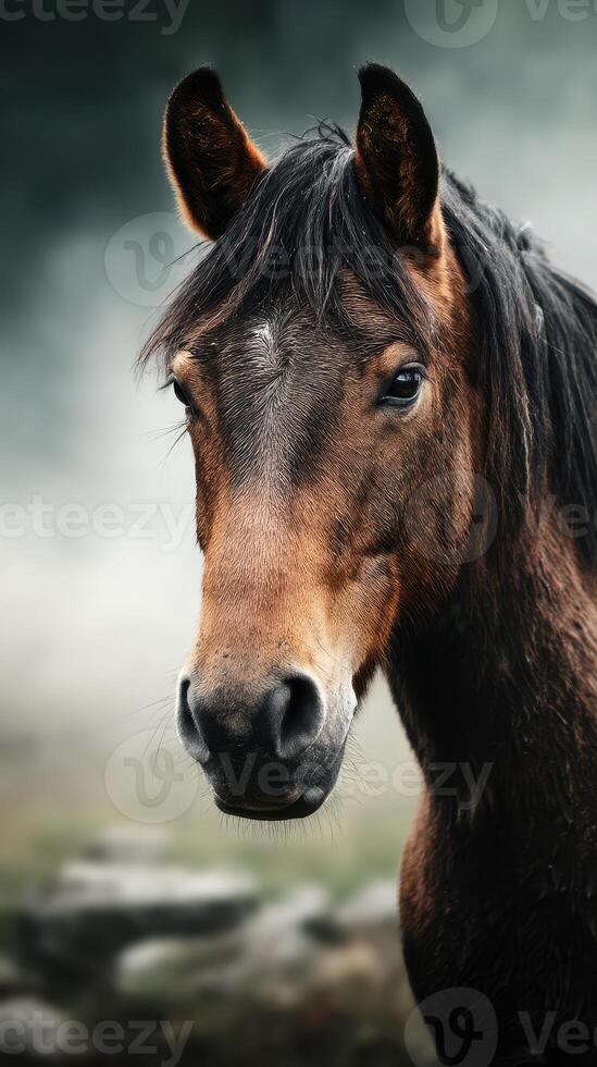 Majestic brown horse stands against a misty background in a serene outdoor setting during dawn photo