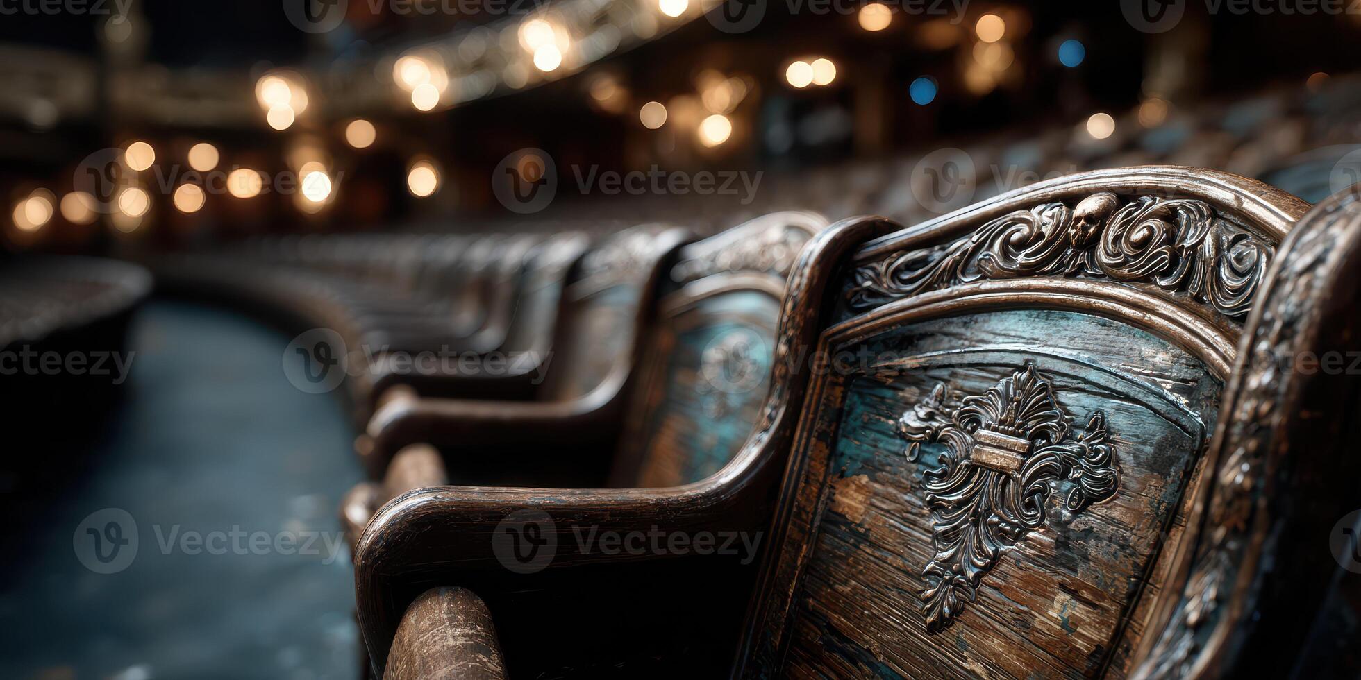 Vintage wooden seats line the elegant theater, reflecting the historic charm of live performances at night photo