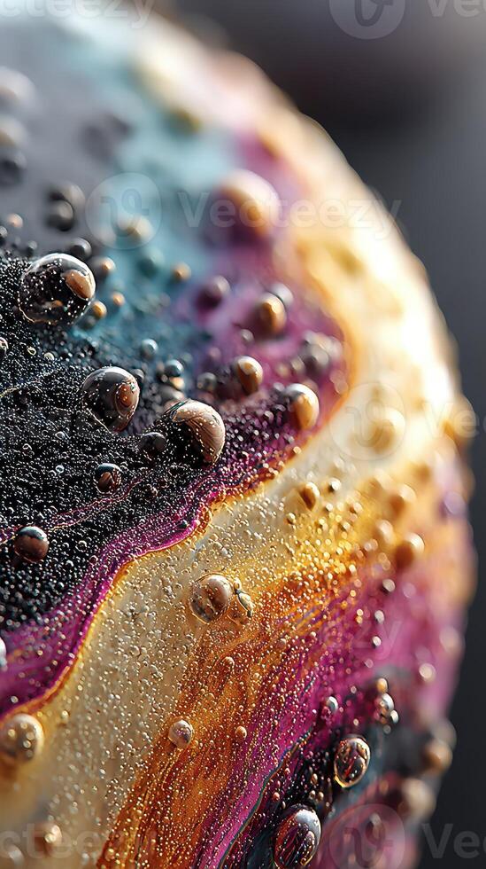 Colorful soap bubble with vibrant swirls and droplets captured in close-up photo
