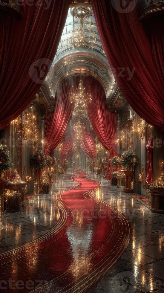 Luxurious ballroom with grand red curtains and sparkling chandeliers creates an enchanting atmosphere for a lavish event photo