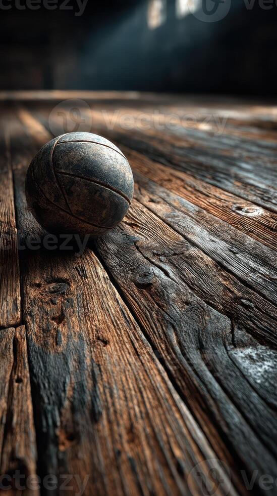 Basketball rests on aged wooden floor in dimly lit gym space showcasing its wear and history photo