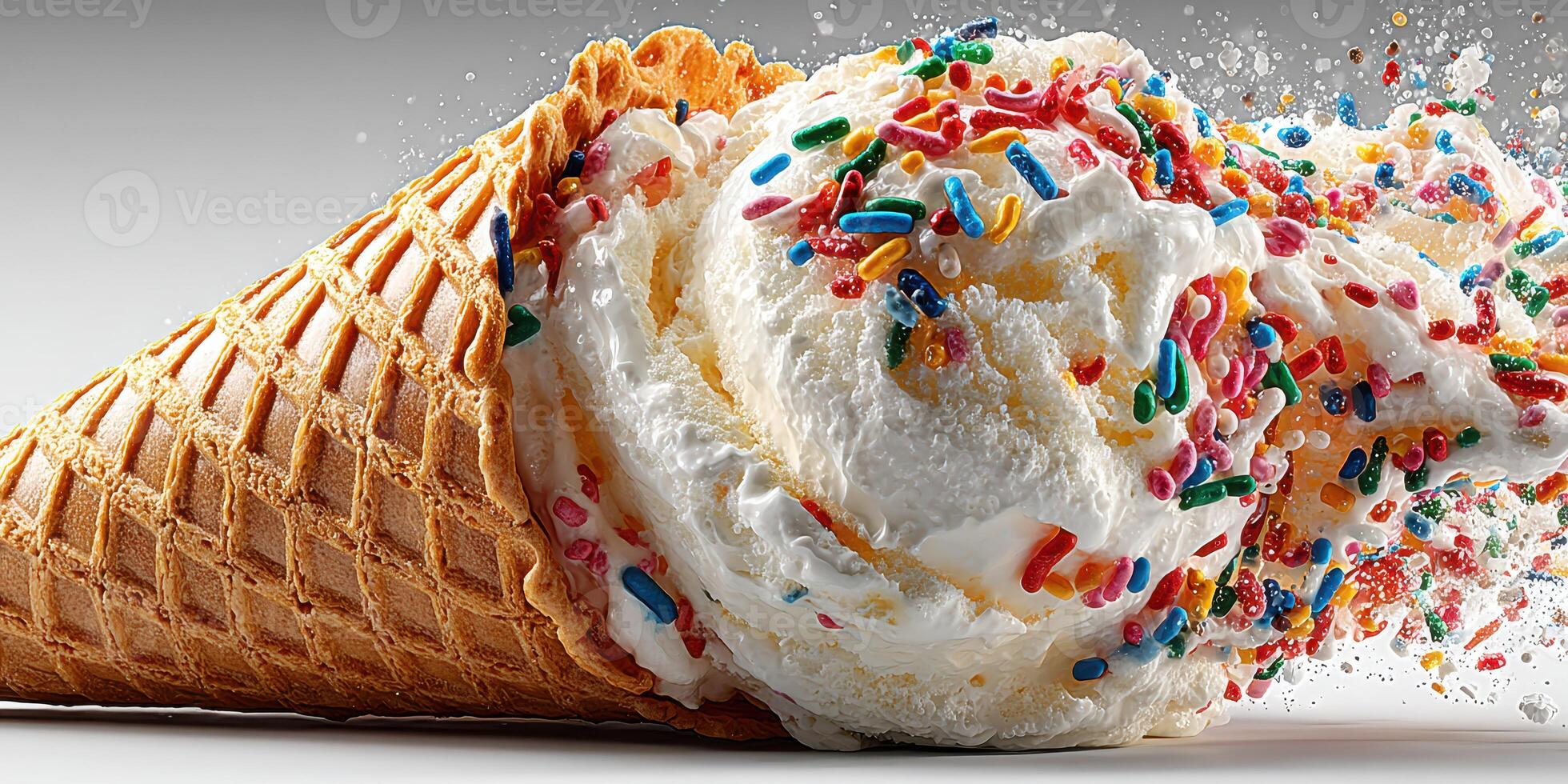 Delicious ice cream cone topped with colorful sprinkles on a sunny day in the park photo