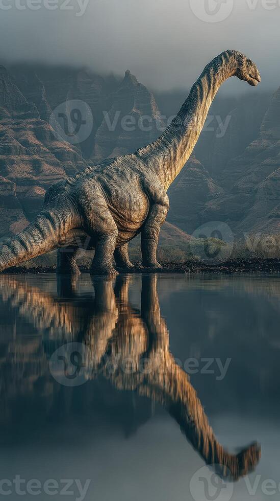 Majestic dinosaur stands beside a tranquil lake at dawn in a misty landscape surrounded by mountains photo