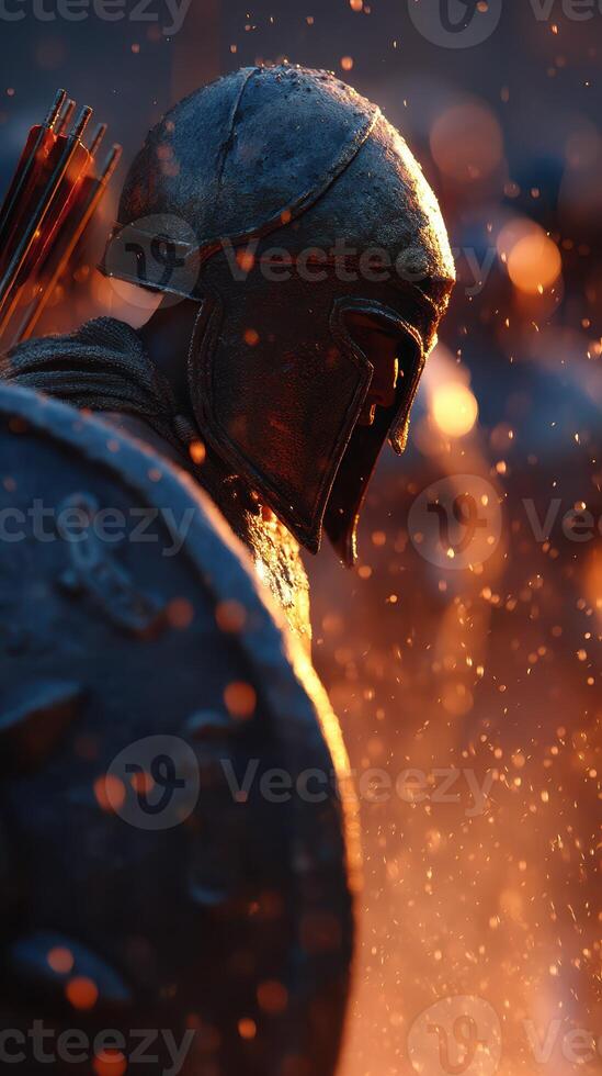 Historic warrior clad in armor stands amidst glowing embers during a heated battle scene at sunset photo