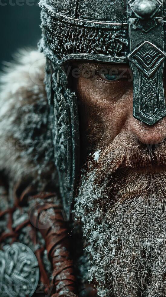 Warrior with a frosty beard stands vigilant in a winter landscape photo