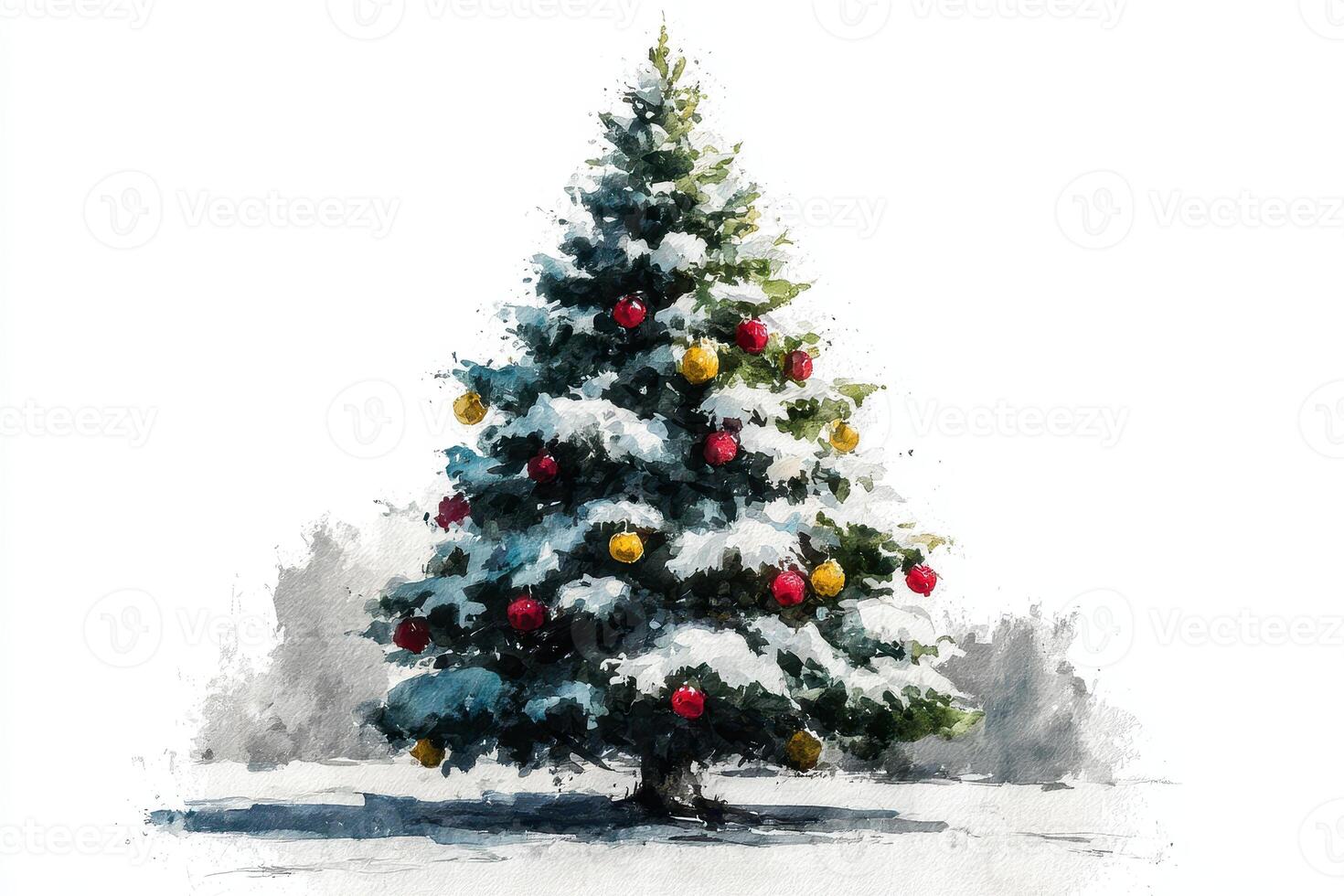 Snow-covered Christmas tree decorated with colorful ornaments in a winter landscape photo