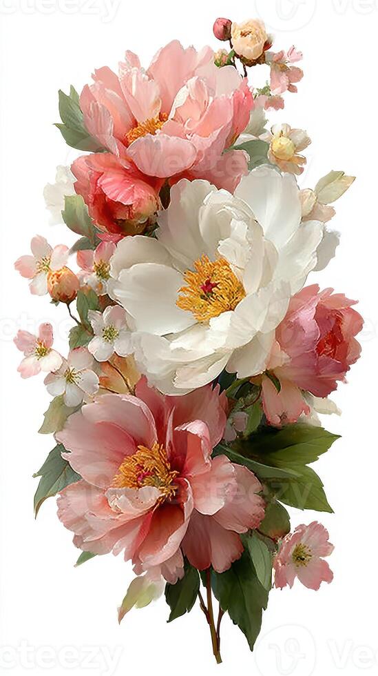 Bright floral arrangement featuring peonies and blossoms in soft pastel shades placed against a white background photo