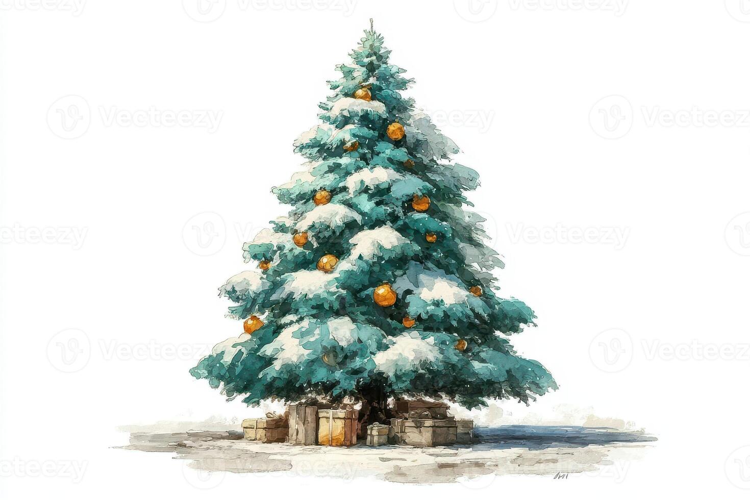 Beautifully decorated Christmas tree surrounded by snow and presents for the holiday season photo
