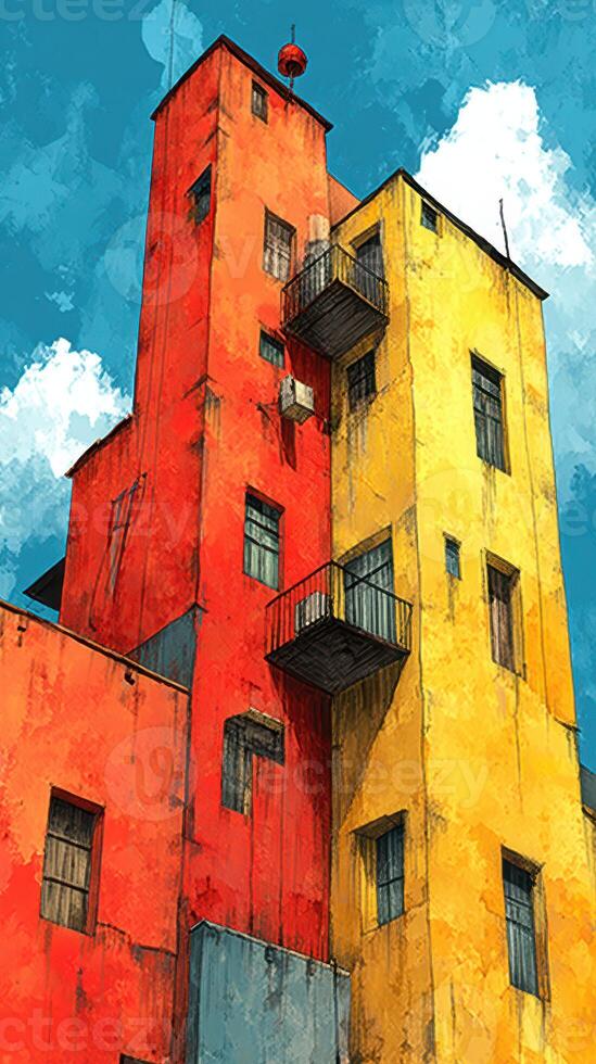 Colorful buildings rise against a blue sky with clouds in a vibrant urban setting during the day photo