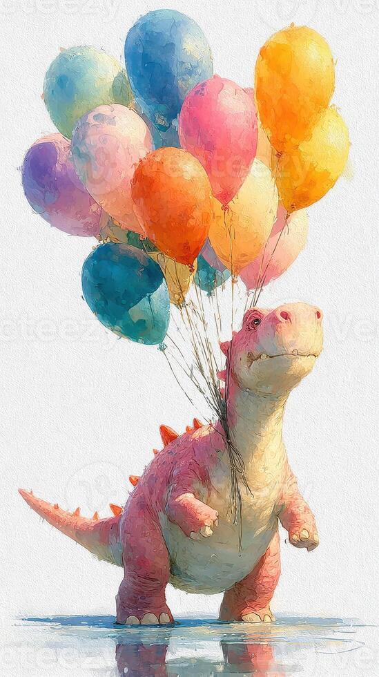 Cute dinosaur character floating with colorful balloons in a whimsical setting outdoors during a sunny day photo