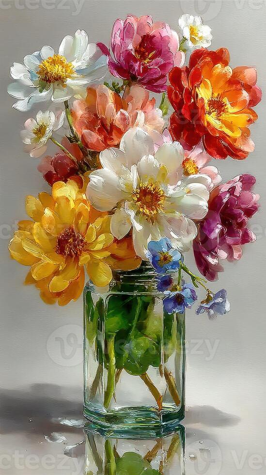 Bright bouquet of assorted flowers in a glass vase on a simple background photo