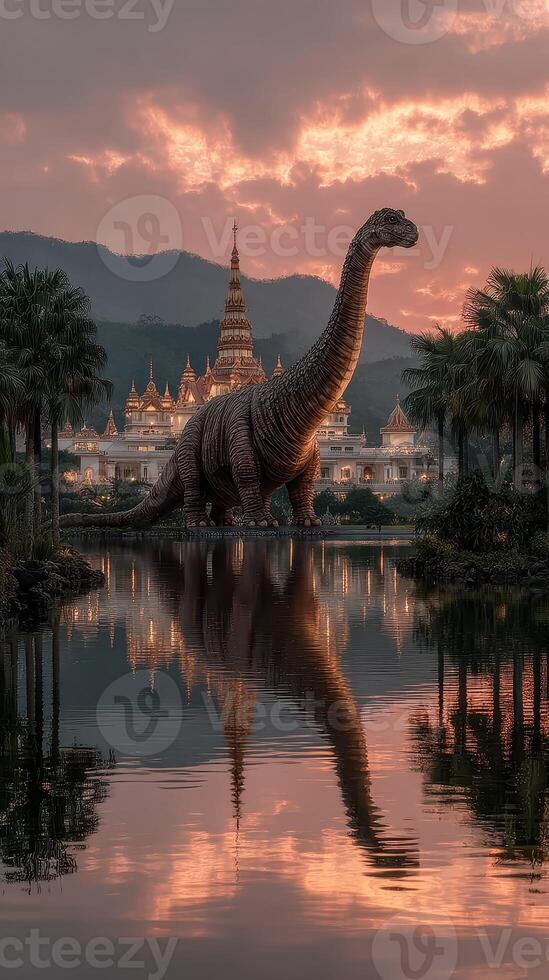 Majestic dinosaur statue reflects in tranquil water near ancient temple at sunset photo