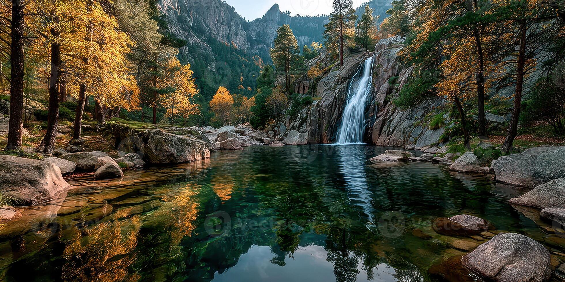 Waterfall cascading into serene pool surrounded by autumn foliage in mountainous forest photo
