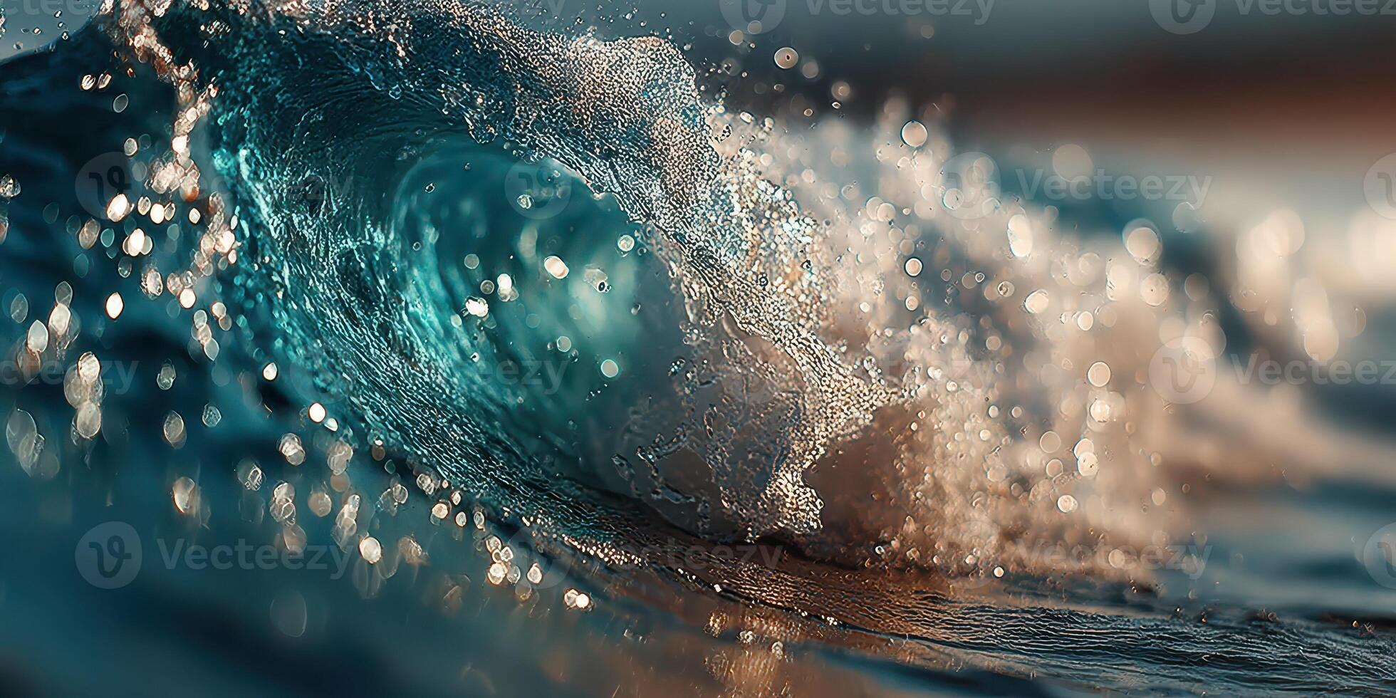 Waves crash on the shore during golden hour with sparkling water droplets in clear sunlight photo