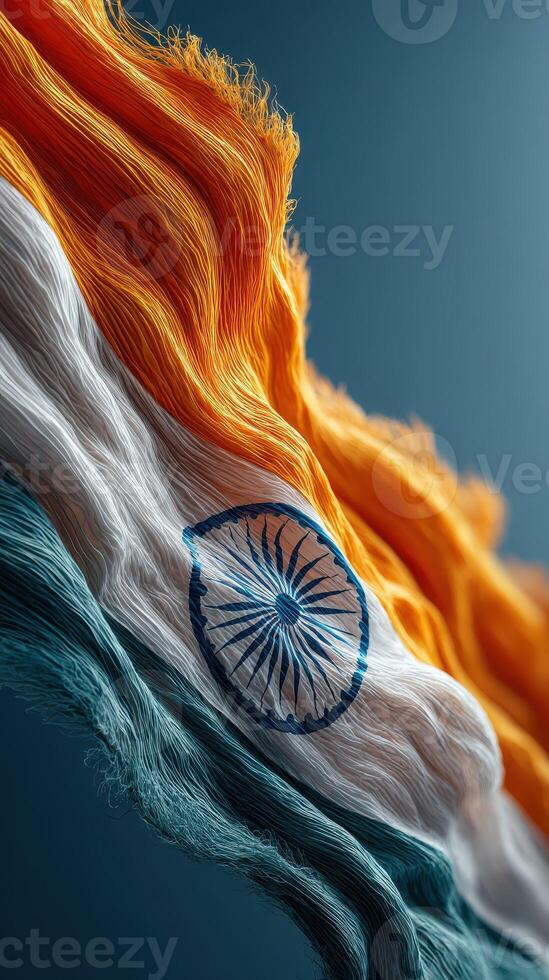 Vibrant representation of the Indian flag waving in the wind against a dramatic backdrop capturing national pride and identity photo