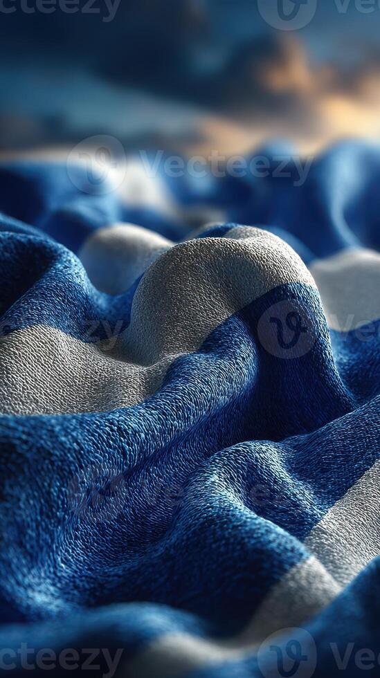 Textile pattern features blue and white waves resembling a flag in a soft, textured setting photo