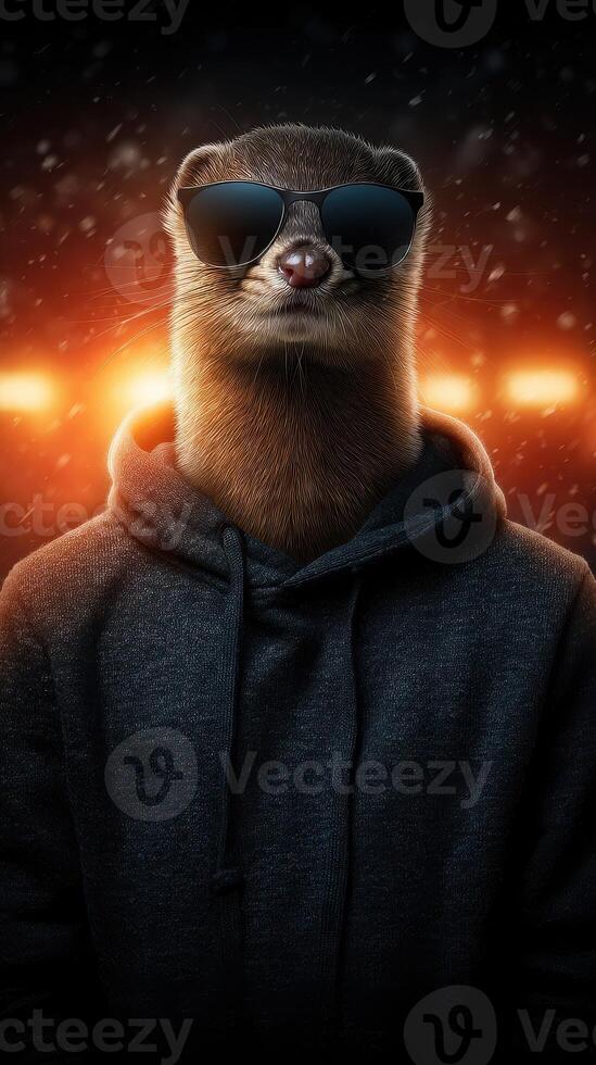 Cool otter wearing sunglasses and a hoodie with a dramatic light backdrop in a stylish urban setting photo