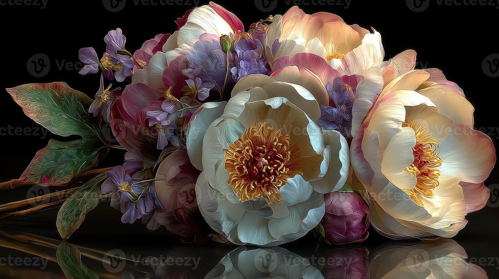 Beautiful bouquet of peonies and wildflowers arranged artistically against a dark background photo