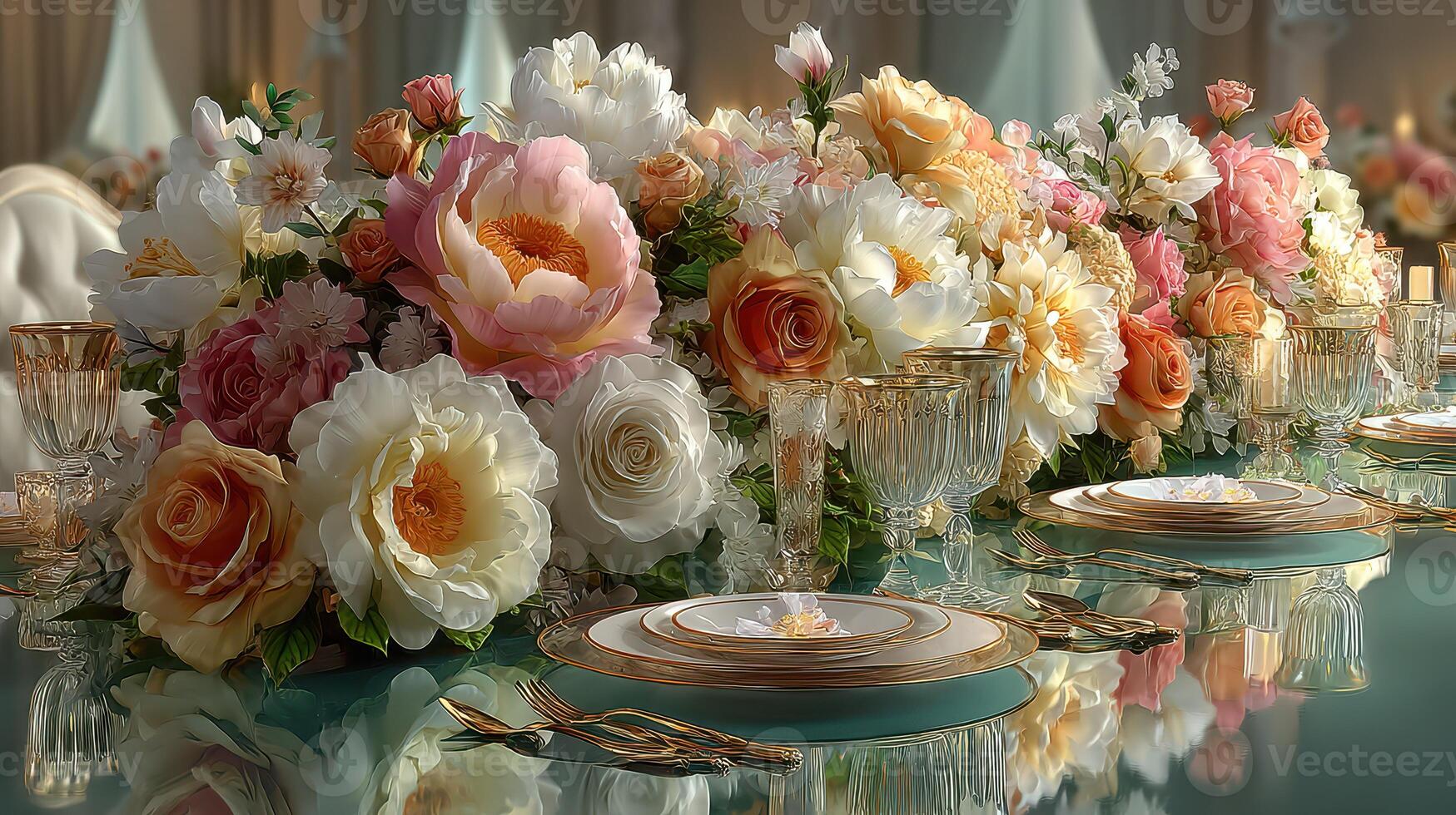 Elegant floral arrangement adorns a lavish dining table set for a special occasion in a luxurious venue photo