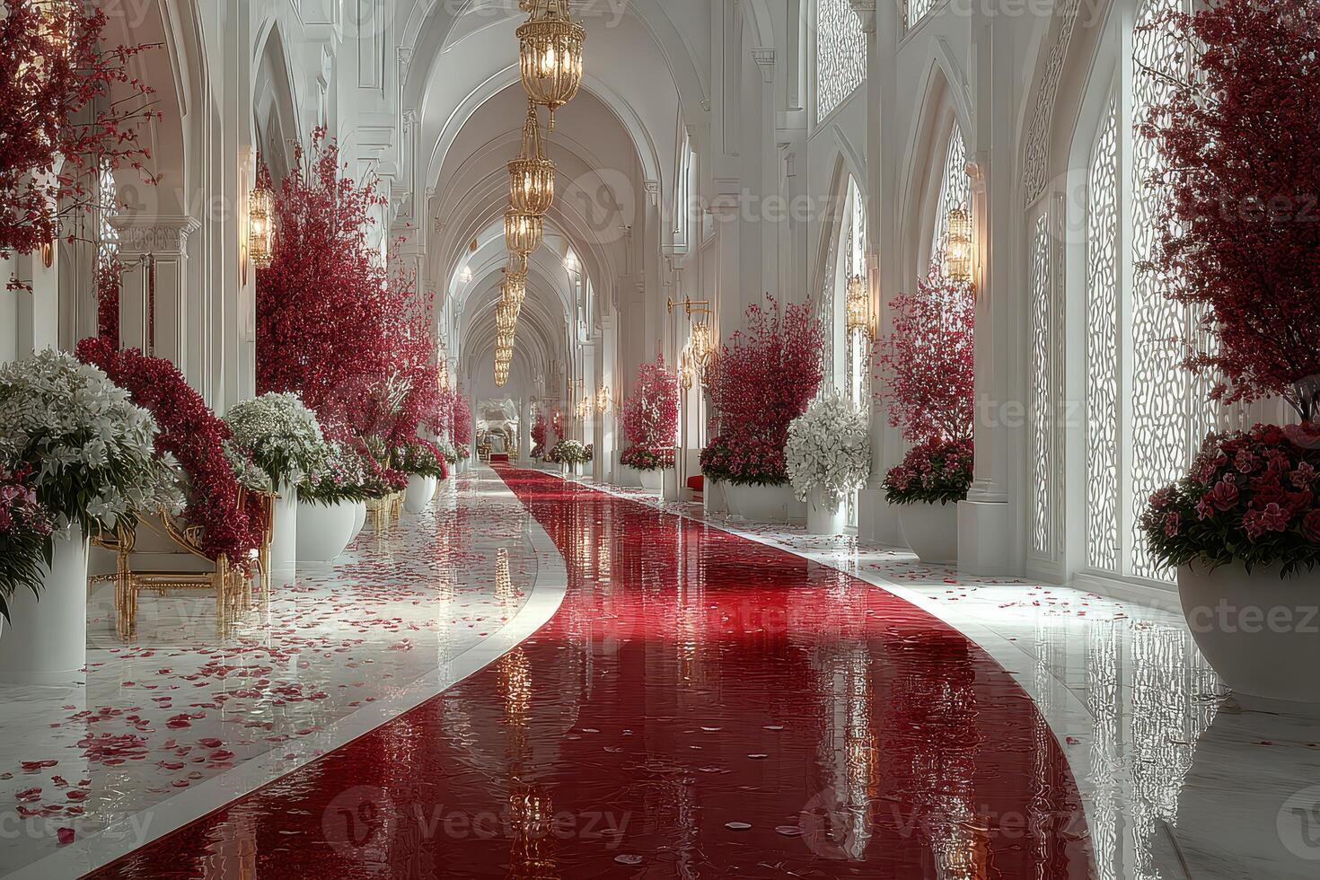Elegant corridor adorned with red flowers and golden chandeliers in a luxurious venue photo