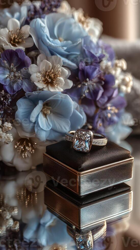 Exquisite engagement ring displayed elegantly alongside a vibrant floral arrangement in soft natural light photo