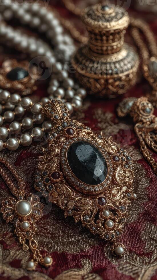 Elegant vintage jewelry displayed on ornate fabric with intricate details and rich colors in a well-lit setting photo