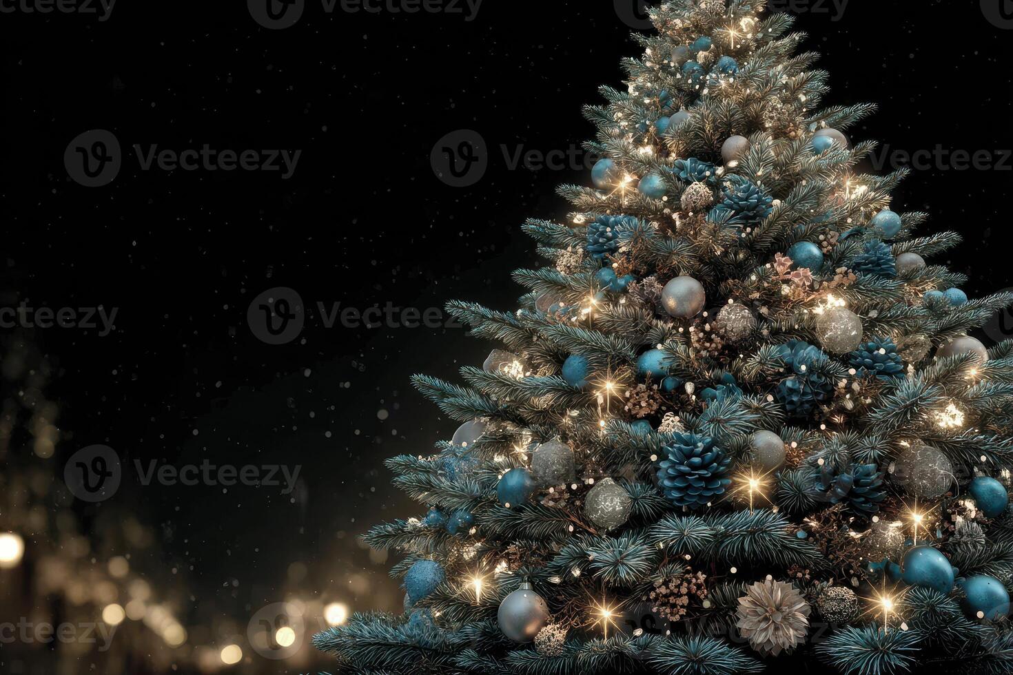 Festive Christmas tree adorned with blue ornaments and white lights sparkling in the night photo